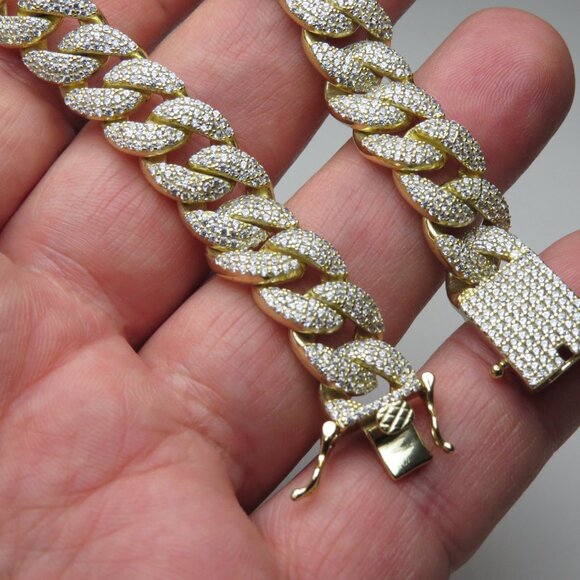 14k *925 Sterling Silver Men's Cuban Diamond Bracelet - Picture 4 of 6